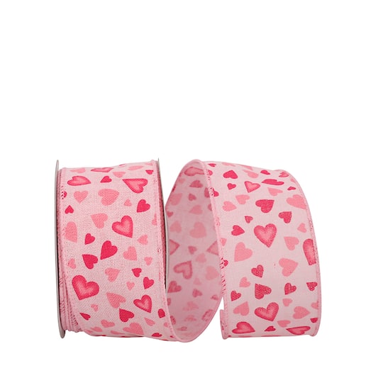 Reliant 2.5" x 10yd. Pink Hearts Hopsack Tossed Wired Ribbon